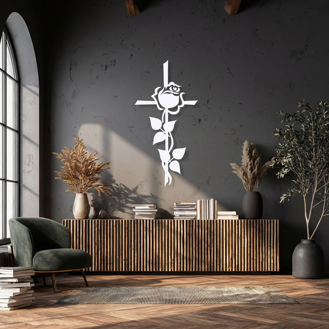 Stacks of books, a striped rug, and an armchair anchor the foreground, creating a cozy ambiance for the spiritual floral decoration wall art.