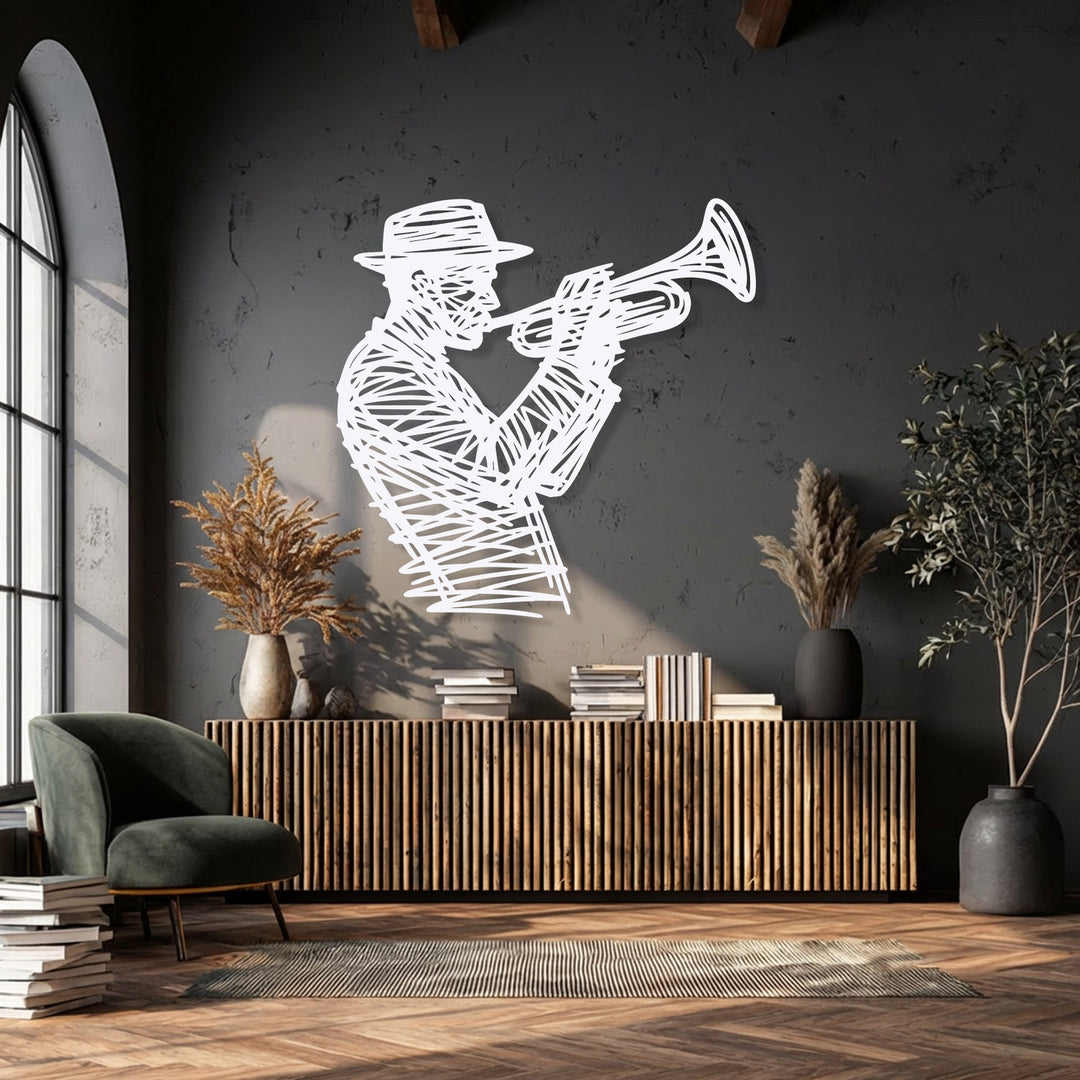 The dramatic transition between the crisp white Jazz Trumpet Player metal wall decor and the deep charcoal wall creates a striking musician silhouette decor.