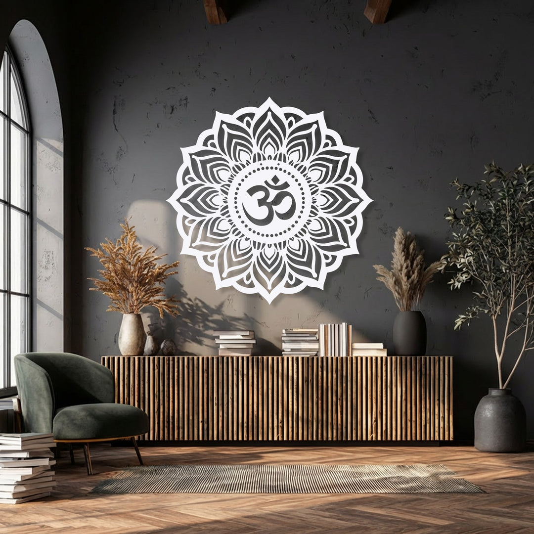 The visual rhythm of the intricate white Sacred Om Mandala metal artwork creates a harmonious focal point against the dark wall, enhancing spiritual ambiance.