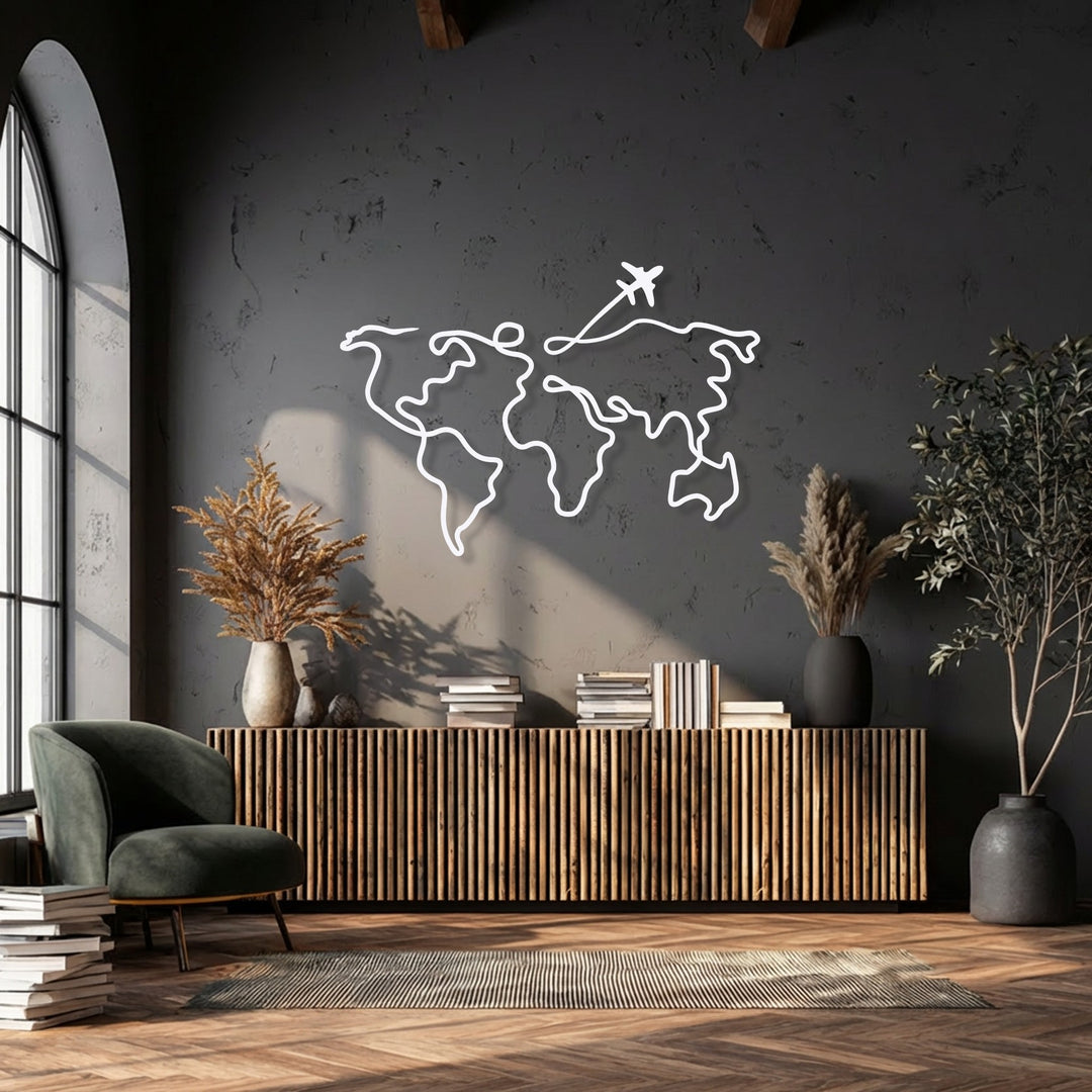 Horizontally oriented minimalist world map metal art for wall, featuring fluid abstract line art contours and a small airplane detail.