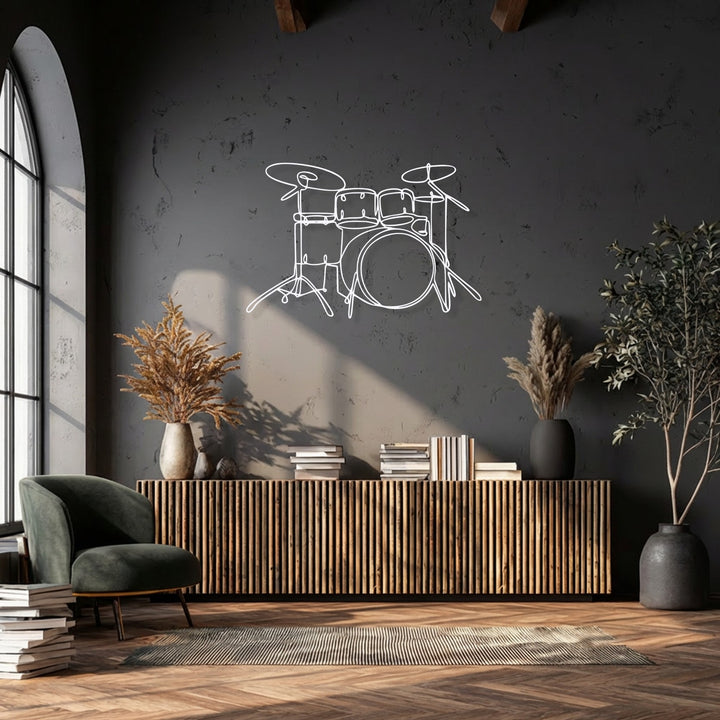The dark wall's negative space highlights the elegant minimalist drum set line art, creating a striking decoration wall art piece.