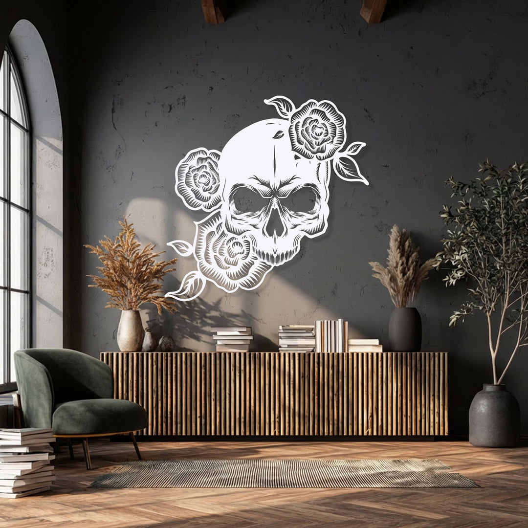 The crisp white finish of the gothic rose floral skull decorative metal art prominently stands out against the dark wall.