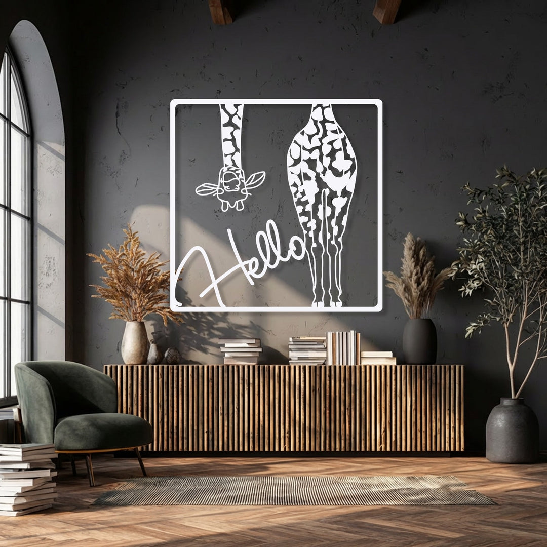 Organic forms define this playful safari decorative metal art featuring a hanging baby giraffe and adult giraffe with 'Hello' script.