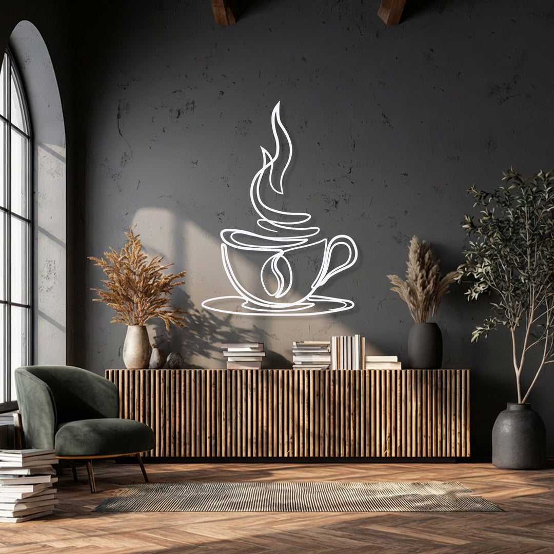 The cozy and inviting mood is beautifully set by this elegant coffee cup line art decorative metal art in a modern interior.