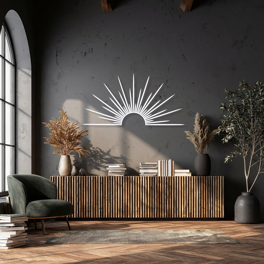 A dark charcoal grey room showcases a brilliant white sunburst metal decoration wall art, providing a modern contrast.