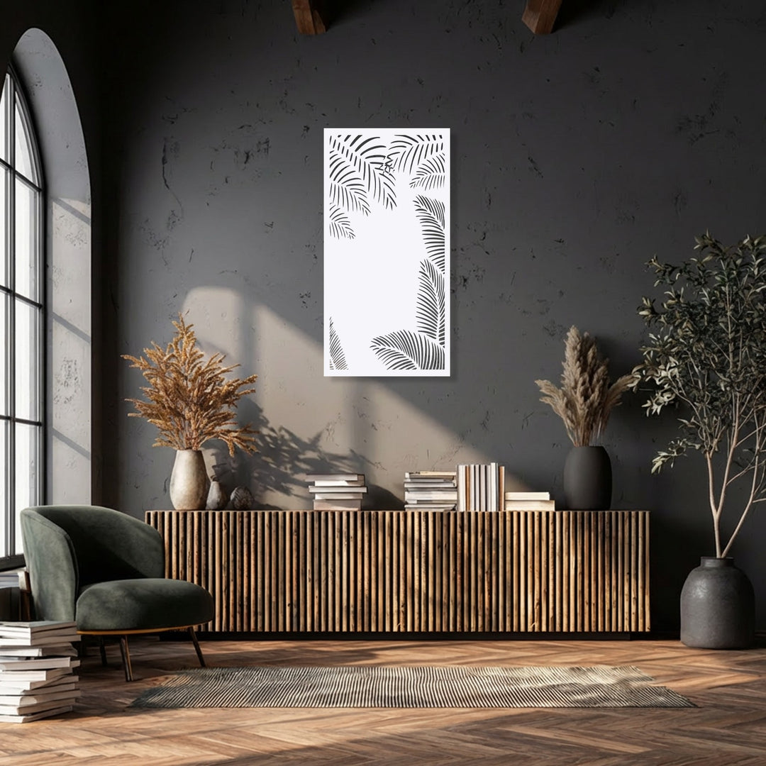 The organic forms of tropical palm silhouettes are beautifully depicted in this minimalist decoration wall art.