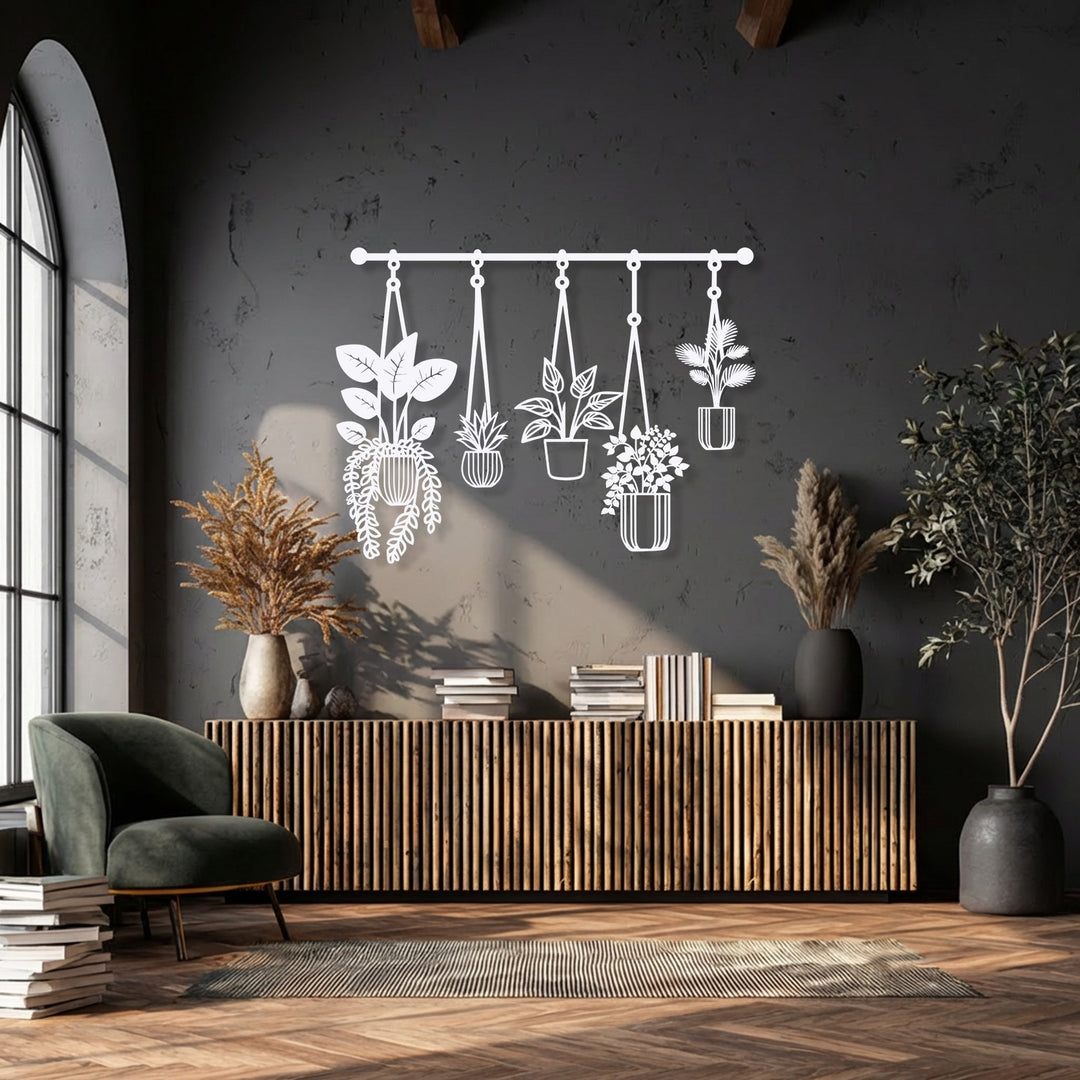Horizontal hanging plants metal wall decor showcasing five distinct stylized botanical shapes suspended from a bar.