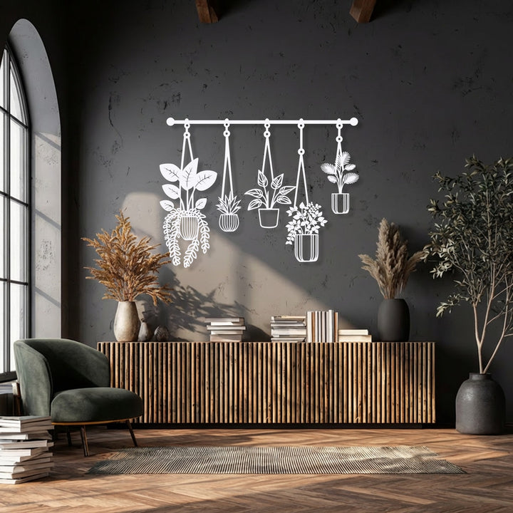 Horizontal hanging plants metal wall decor showcasing five distinct stylized botanical shapes suspended from a bar.