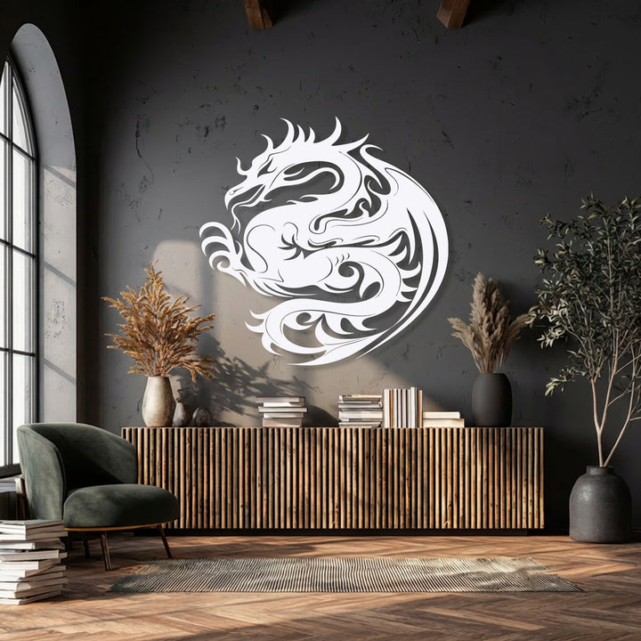 Balanced color temperature illuminates the striking white dragon metal wall art, a captivating modern decoration wall art piece.