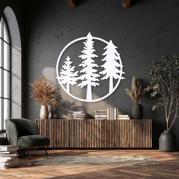 The realistic detail beautifully displays the elegant Evergreen Circle minimalist forest decorative metal art, showcasing its depth and quality against a textured wall.