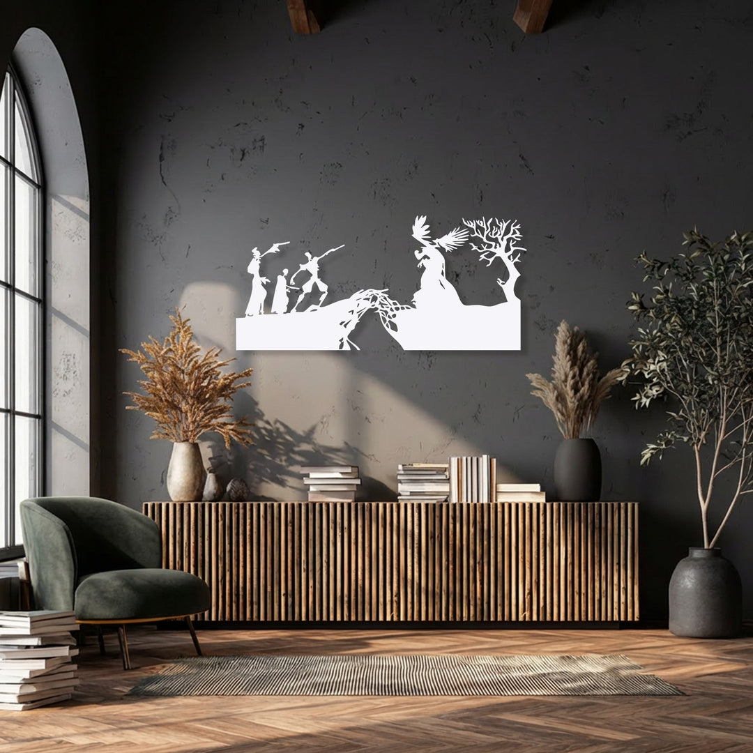 The precise edges and borders of the unique metal wall art beautifully define the dramatic mythological creation scene silhouettes.