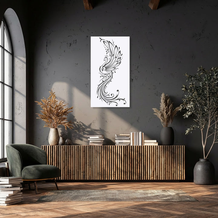 Organic forms of the elegant Phoenix ornamental metal wall decor are depicted, showcasing intricate flowing lines and graceful curves.
