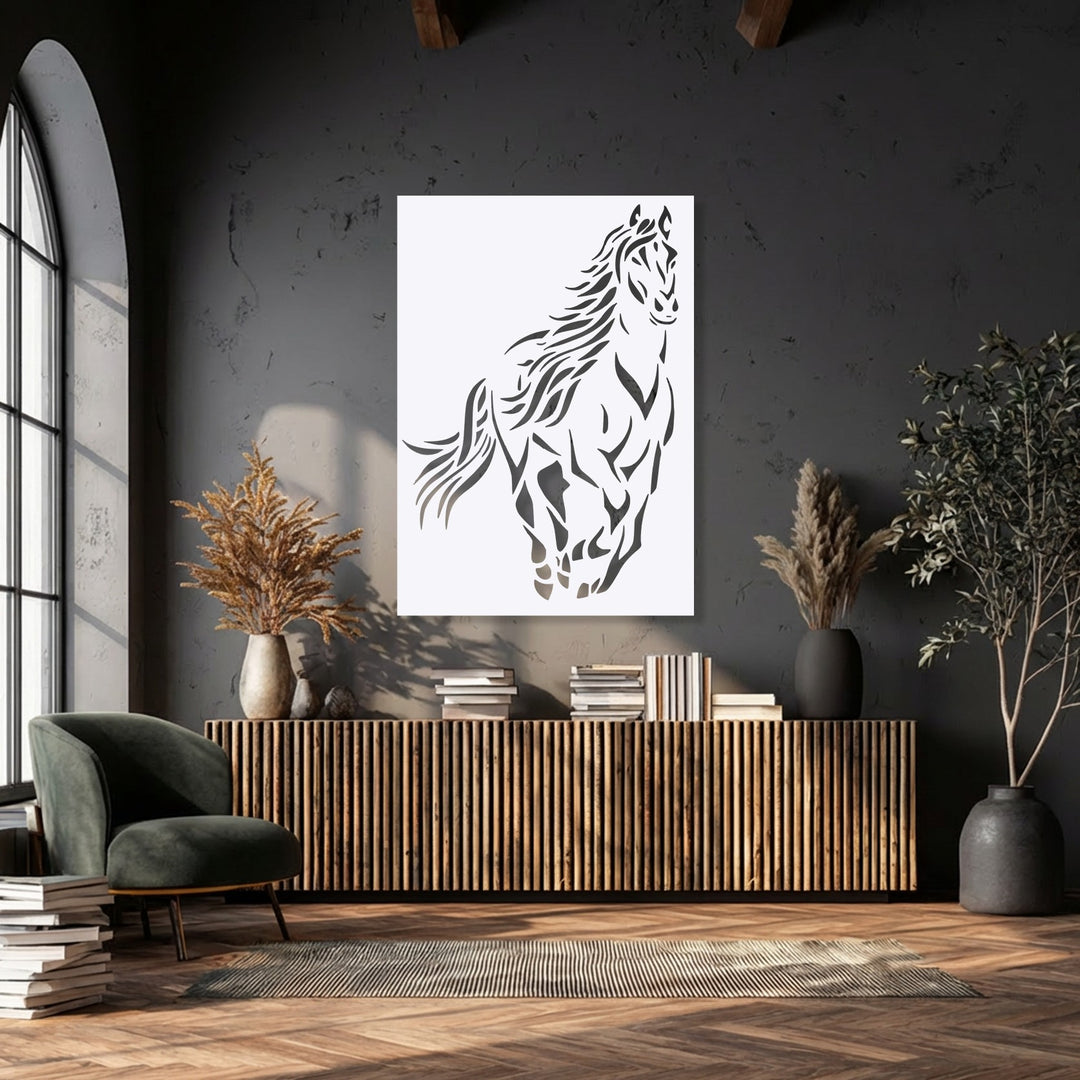 A sophisticated and powerful mood is conveyed by the dynamic wild spirit horse metal art for wall in a dimly lit, textured room.