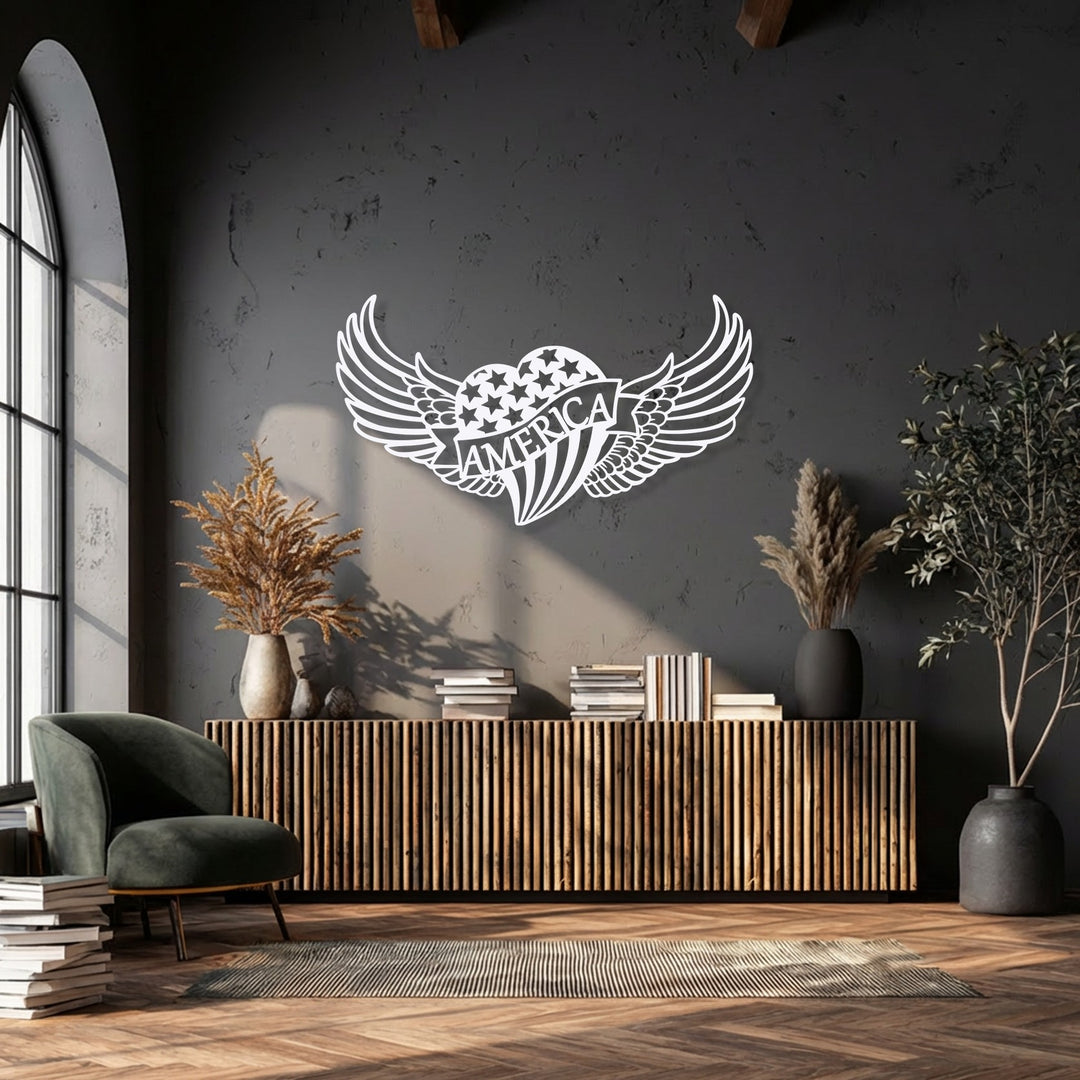 The white Freedom Wings American Heart metal wall art creates a striking layered effect against the dark wall, offering captivating decoration wall art.