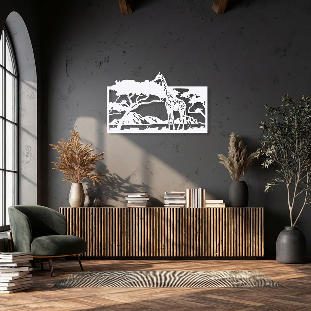 The dramatic negative space of a dark wall highlights the intricate white savannah giraffe scene metal art for wall.