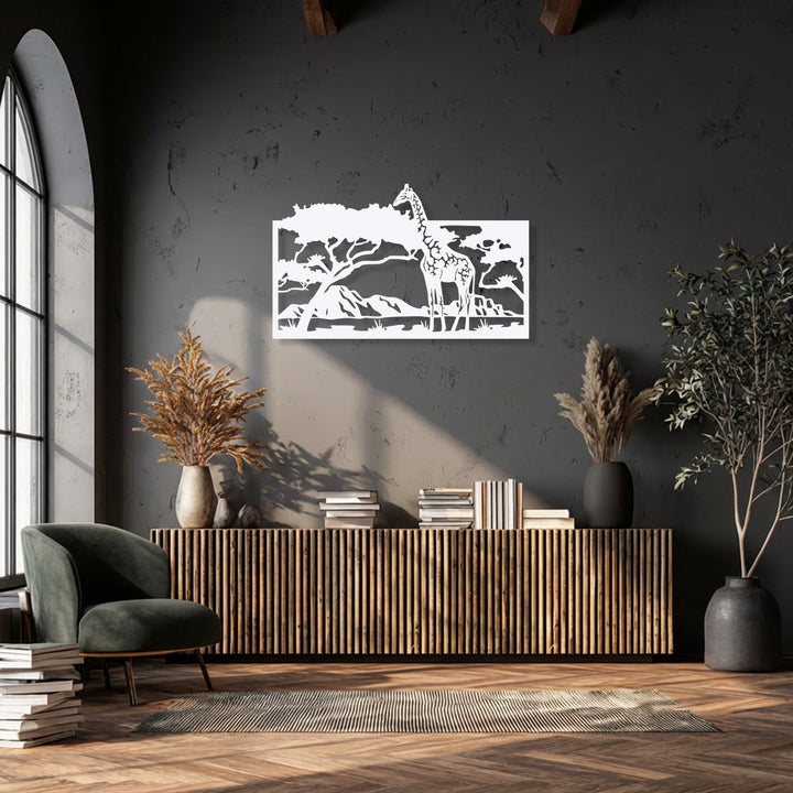 The dramatic negative space of a dark wall highlights the intricate white savannah giraffe scene metal art for wall.