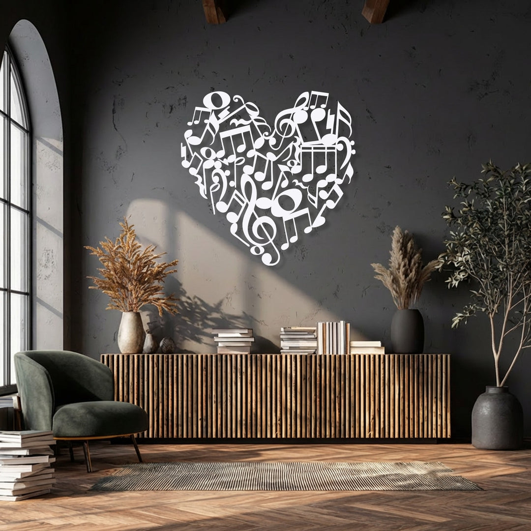 The mood is tranquil and artistic, expressed through the elegant heart-shaped music notes metal wall decor, enhancing the sophisticated interior.