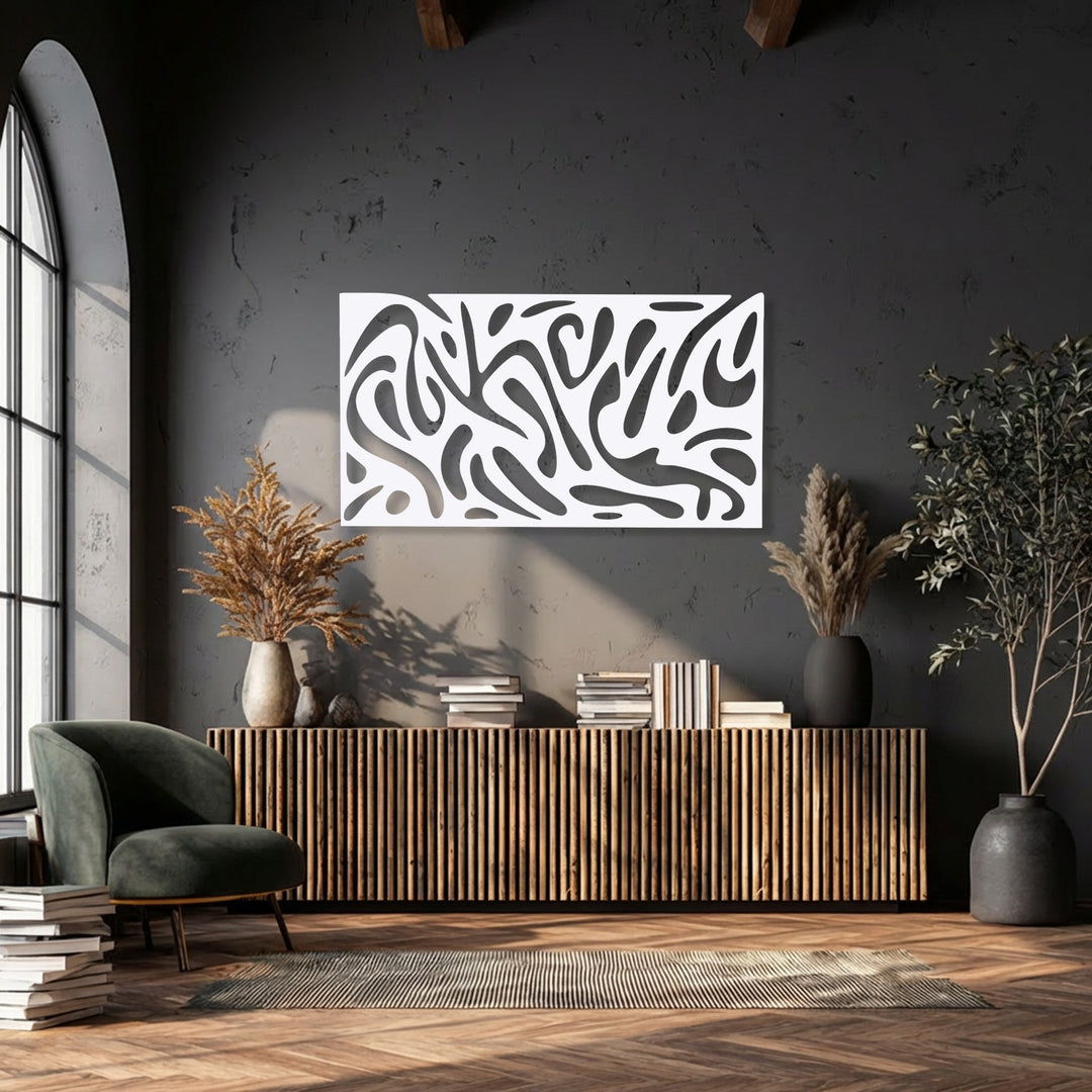 The muted color saturation of this room highlights the contemporary abstract fluid pattern metal artwork above a wooden cabinet.