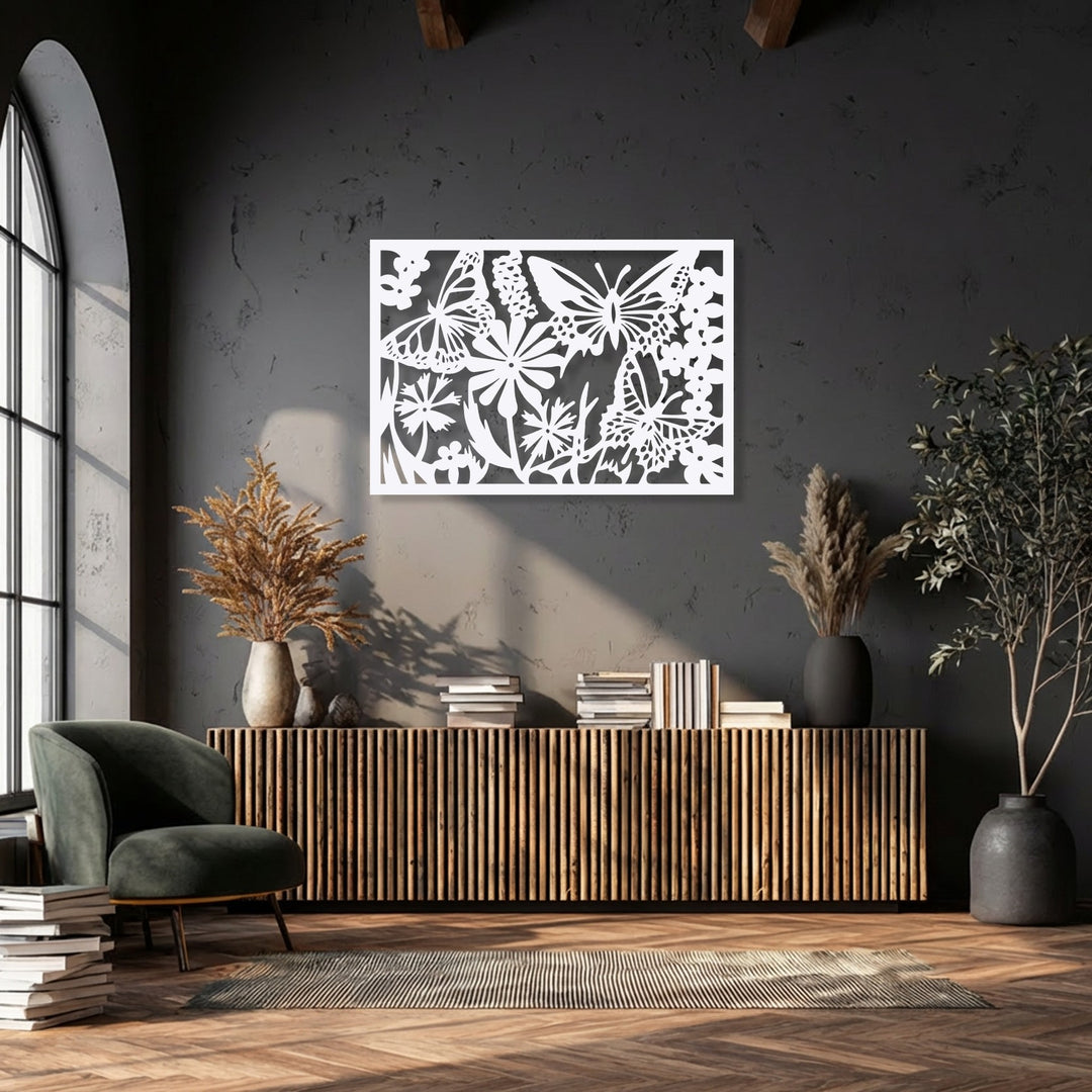 The stillness of the room is emphasized by the elegant butterfly and floral metal wall decor above a wooden console.
