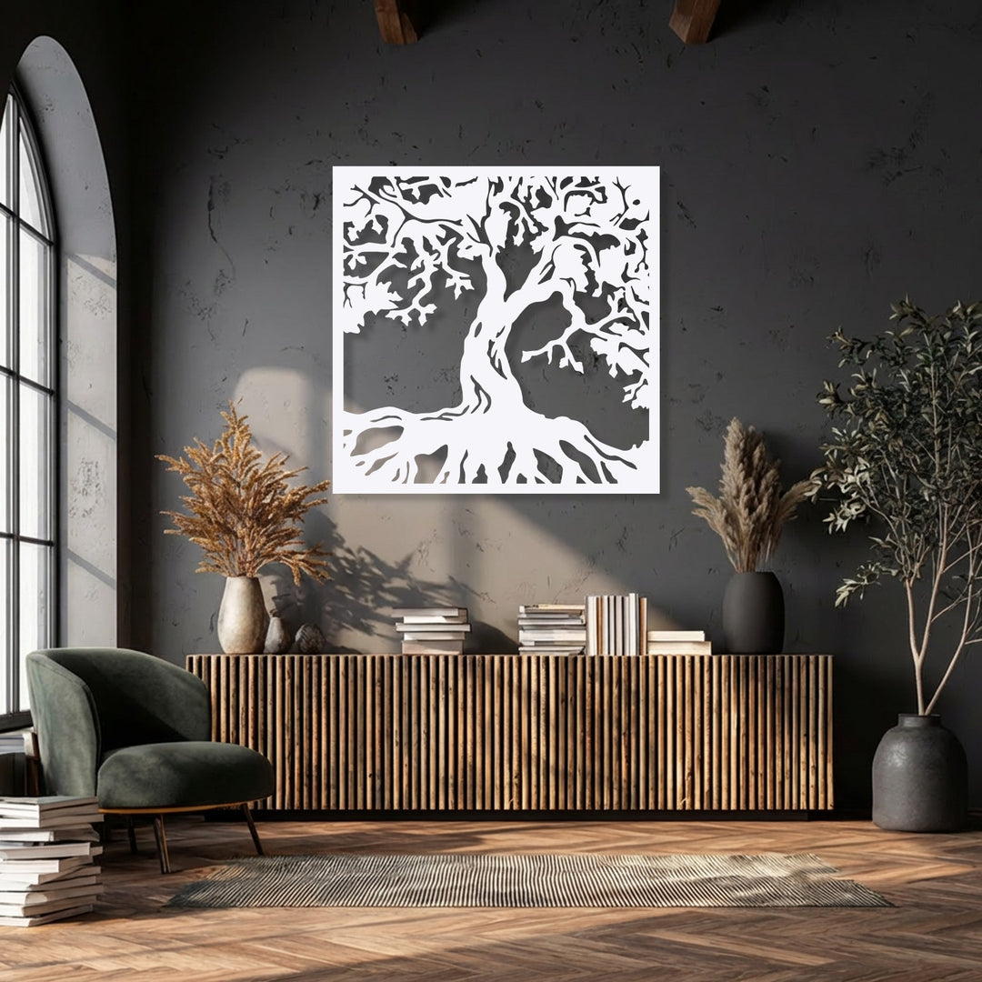 Showcasing a matte white finish, this detailed tree of life metal artwork provides a striking visual against the dark background.