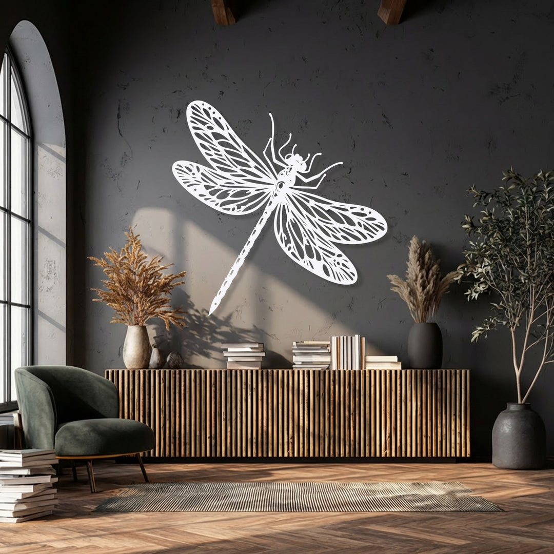 The deep charcoal wall highlights an elegant white dragonfly unique metal wall art, enhancing its nature-inspired details beautifully.