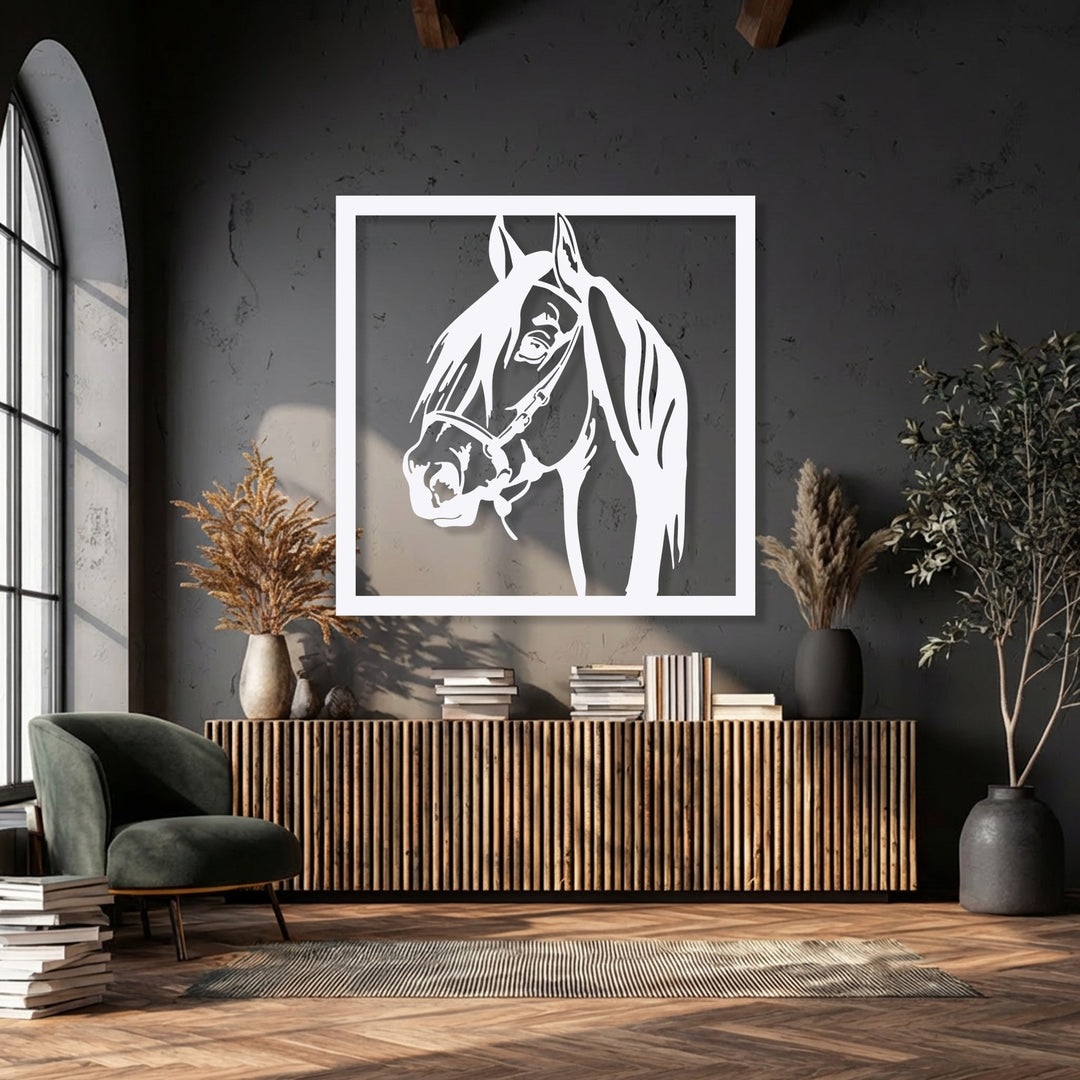 The charcoal-hued wall dramatically highlights the elegant white stallion portrait metal artwork, a sophisticated piece of modern horse decor.