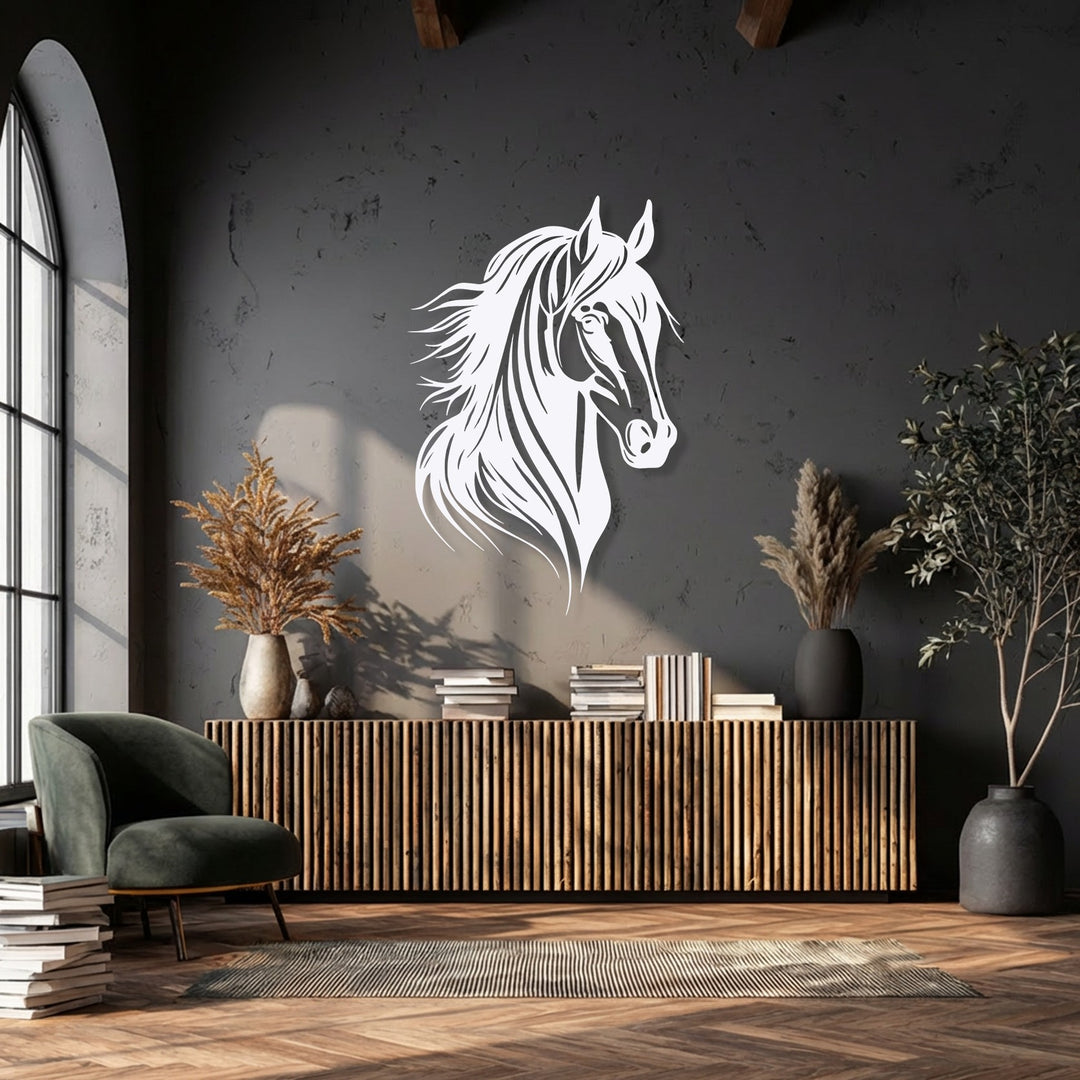 Rough, dark wall texture contrasts sharply with the smooth, elegant horse head metal wall decor, complemented by ridged wood and soft foliage.