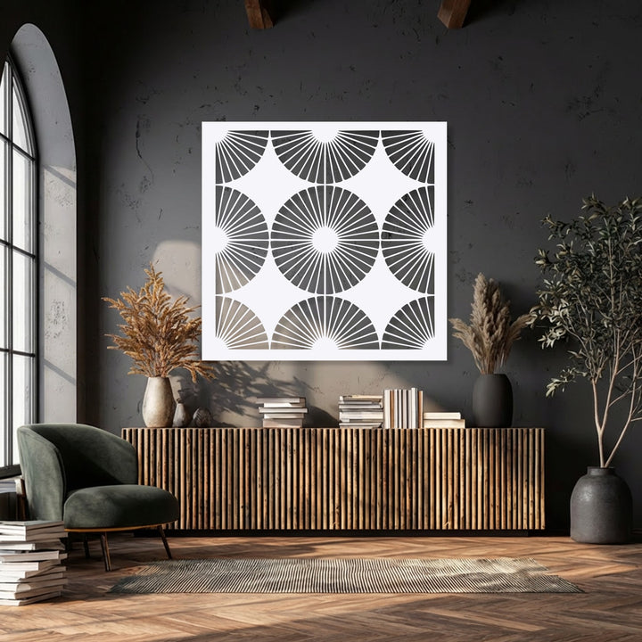 Visual rhythm is evident in the repeating, stylized fan patterns of this geometric metal artwork, offering a modern, symmetrical display.