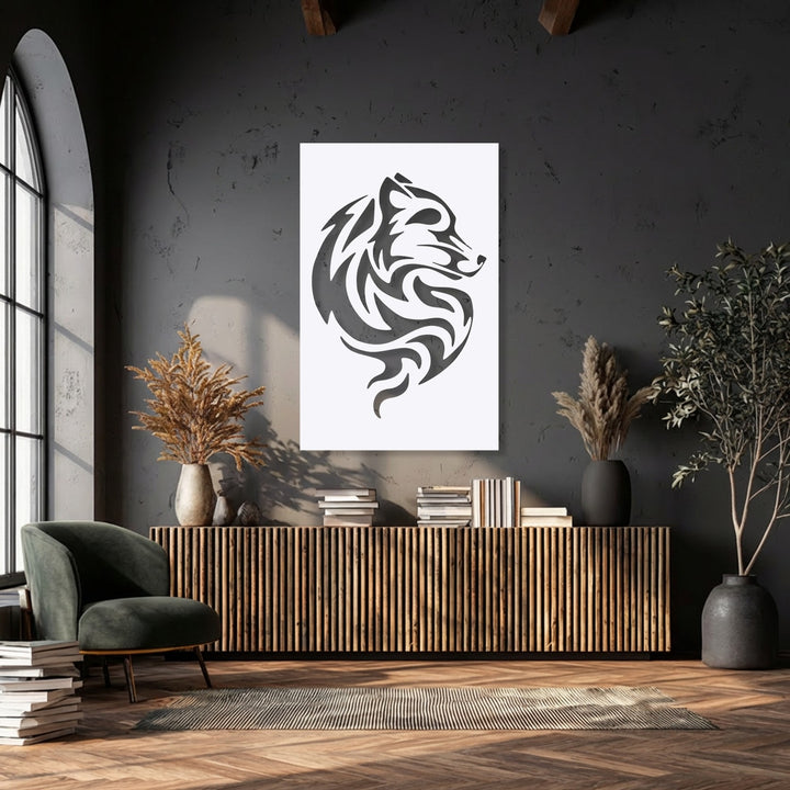 The focal point, Tribal Wolf Swirl Metal Wall Art, showcases an abstract animal design, perfect metal art for wall decor.