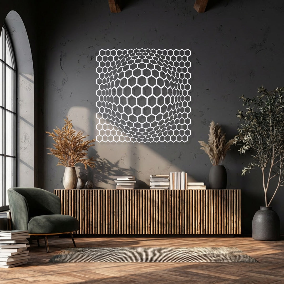 The brightest area showcases a white geometric hexagon depth illusion, a unique metal wall art piece creating a modern focal point.