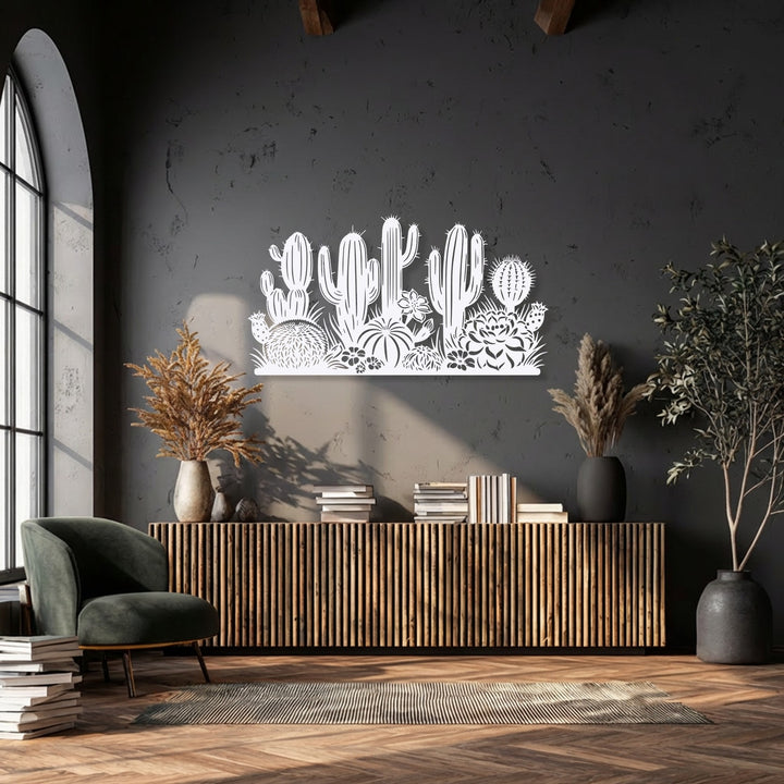 The intricate, crisp edges and defined borders of the desert cactus garden metal art for wall create a striking silhouette.