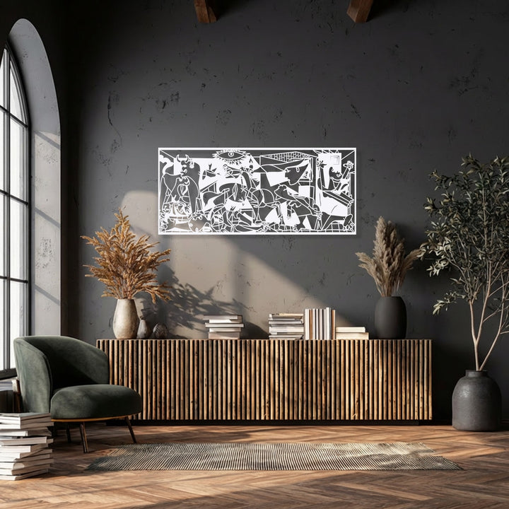 A striking transition from the bright white metal art for wall against the subtly varied dark gray textured background.