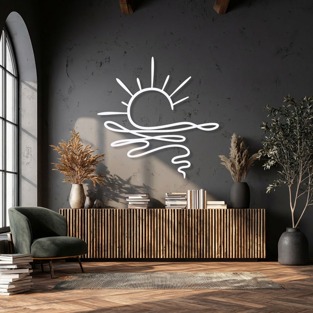 Subtle color transitions from dark charcoal walls to sunlit wooden tones beautifully frame the abstract sunrise metal art for wall.