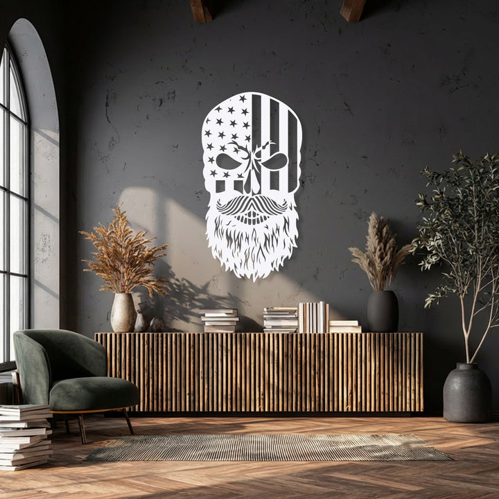 Visual rhythm from the patriotic skull's American flag stripes and textured beard defines this striking metal art for wall.