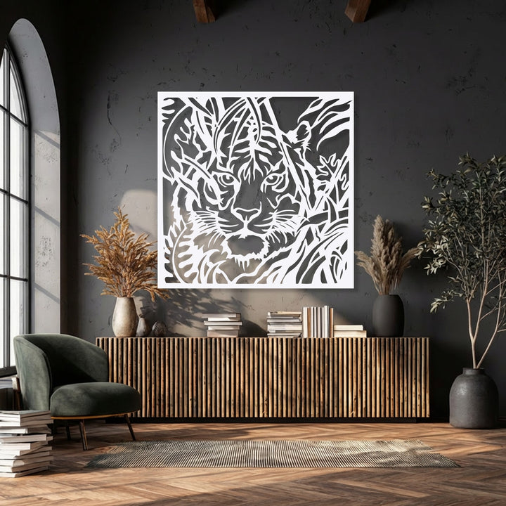 The intricate tiger in foliage metal art for wall is the striking focal point in this modern dark-walled room.