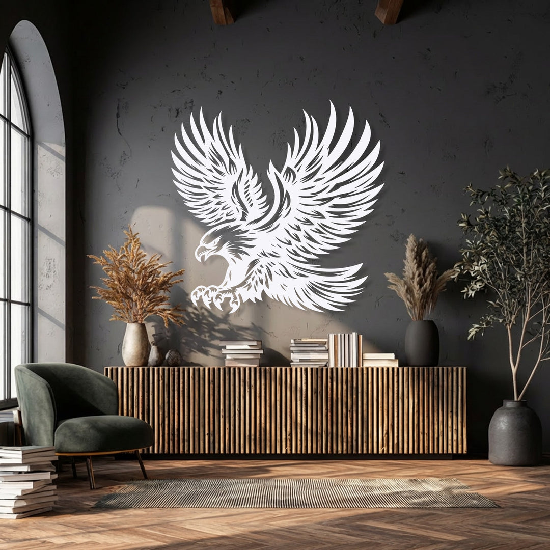 The precisely cut edges and borders of the majestic white eagle metal artwork make a bold statement on the dark wall.