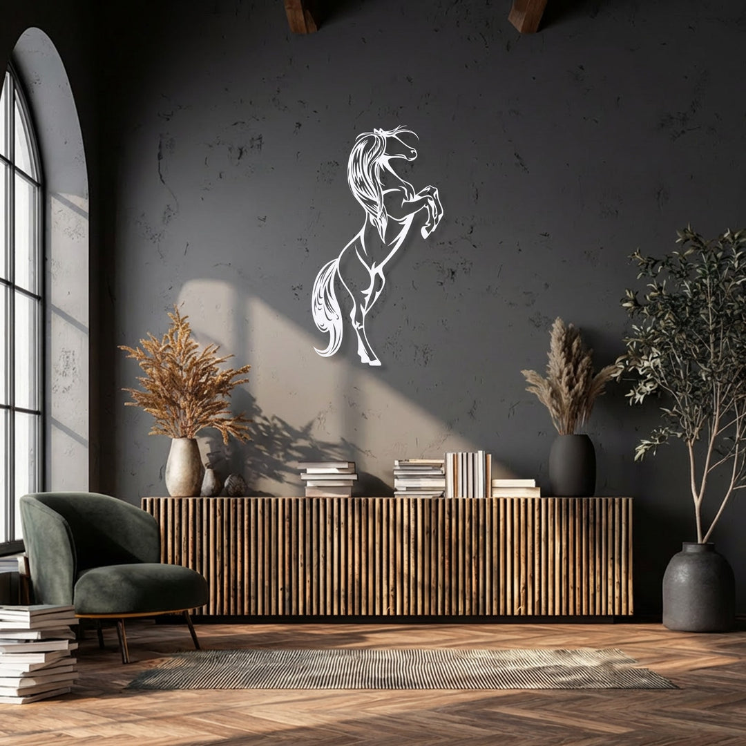 Morning light casts striking shadows across the textured dark wall, highlighting the white rearing horse metal artwork against the deep backdrop.