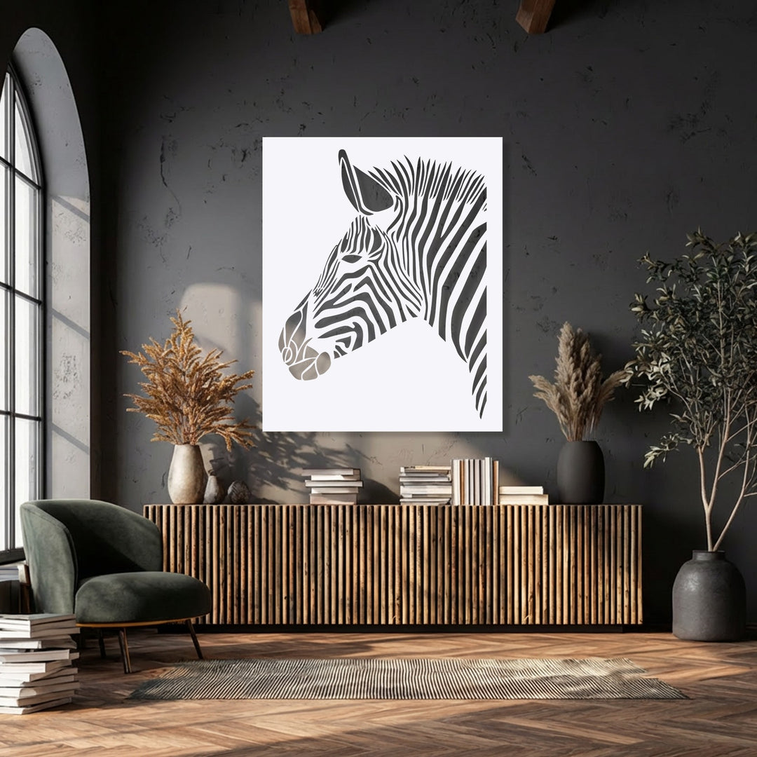 The focal point is a striking black and white zebra head, rendered as a piece of modern metal artwork, displayed above a wooden cabinet.