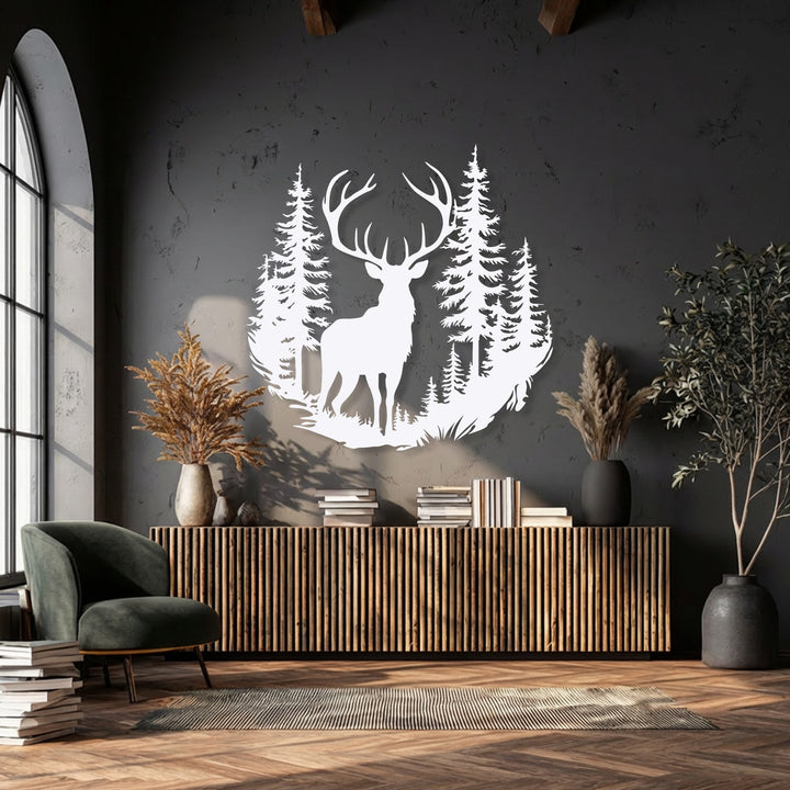 The central subject showcases a majestic white deer with impressive antlers standing within a dense pine forest metal wall decor silhouette.