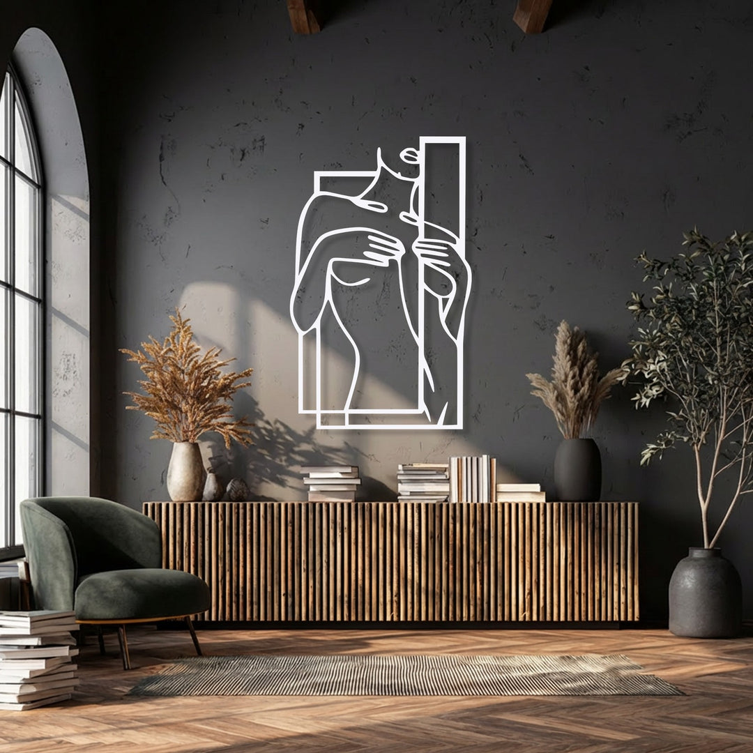 Abstract quality is prominent in this minimalist female figure line art, a white metal decoration wall art with a geometric frame.