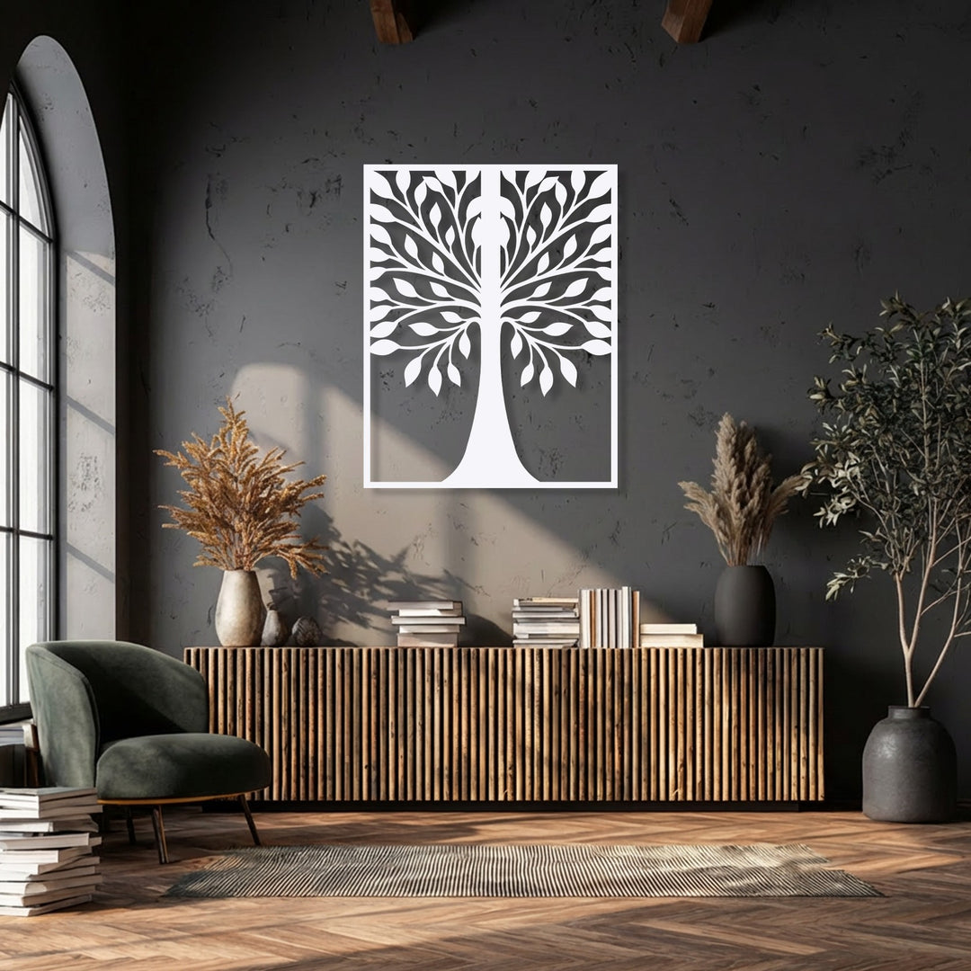 The striking organic forms of a symmetrical leaf tree silhouette metal wall decor piece are prominently displayed against a dark, textured wall.