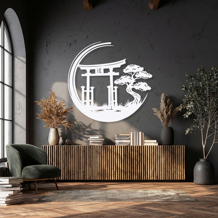 Featuring intricate layers, the Zen Garden Torii Gate metal wall decor stands out against a deep textured wall, adding visual depth to the space.