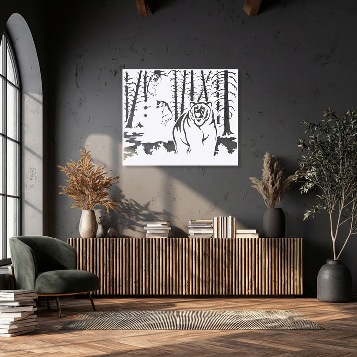 The rich, dark gray wall provides a stark contrast to the striking Wild Forest Bear metal artwork, enhancing its nature wildlife scene decor.