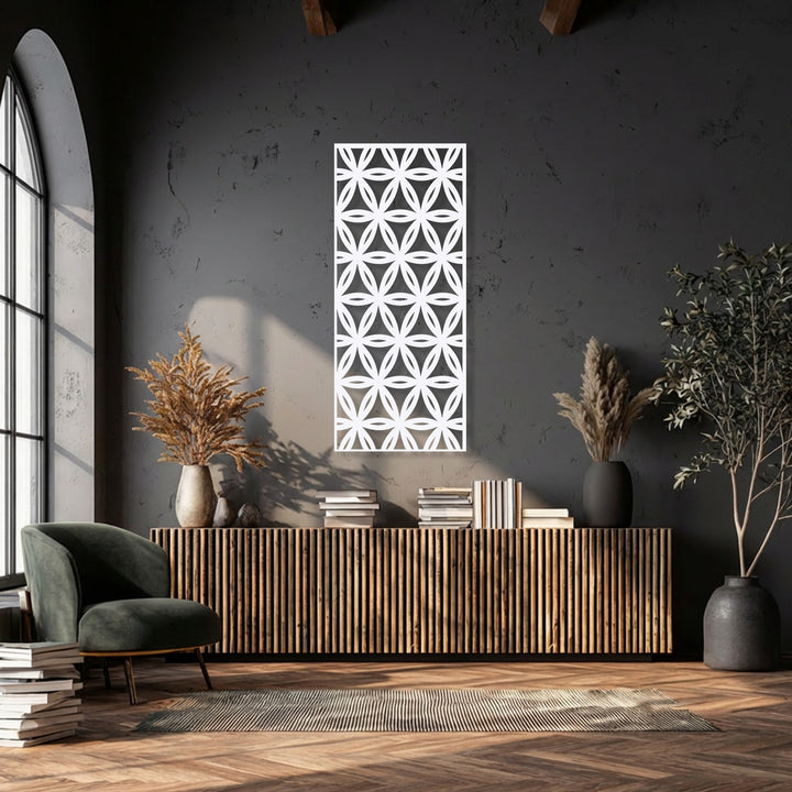 Showcasing superior material quality, this geometric floral decorative metal art features a precision-cut, modern repeating pattern.