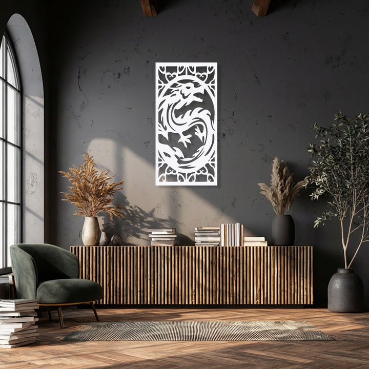 The intricate geometric border and swirling dragon design on the white vertical fierce dragon metal art for wall create a captivating display.
