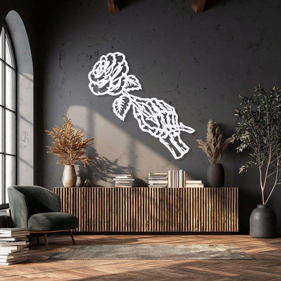 The visual rhythm of this gothic floral decorative metal art featuring a fading rose skeleton is accentuated by the vertical elements below.