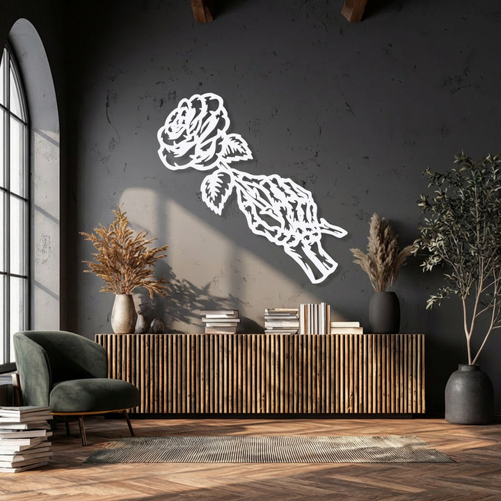The visual rhythm of this gothic floral decorative metal art featuring a fading rose skeleton is accentuated by the vertical elements below.