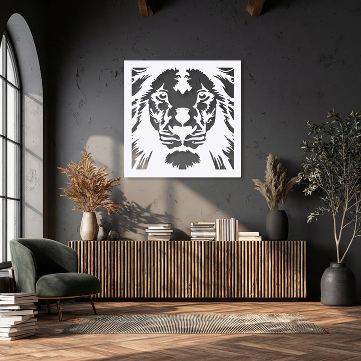 The realistic detail of a majestic geometric lion metal decoration wall art piece clearly portrays its form against a dark textured wall.