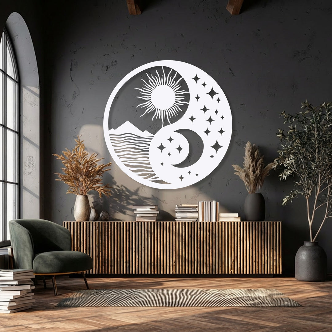 The precisely cut edges and borders of the white metal art for wall distinctly outline the intricate celestial sun moon landscape design.
