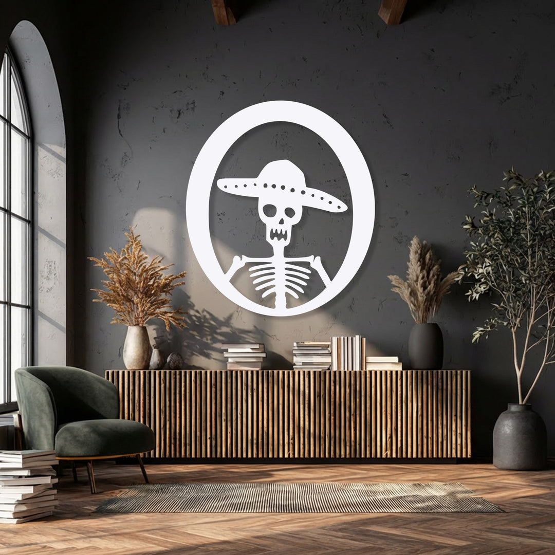 The stillness of a tranquil, dark room is perfectly captured by a Sombrero Skeleton Day of the Dead unique metal wall art piece.